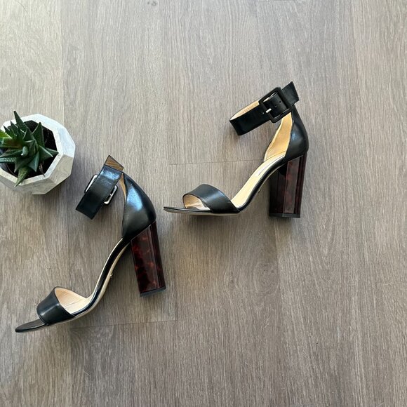 Diane Von Furstenberg Black Leather Sandals with Tortoiseshell Heel Detail - Picture 5 of 13